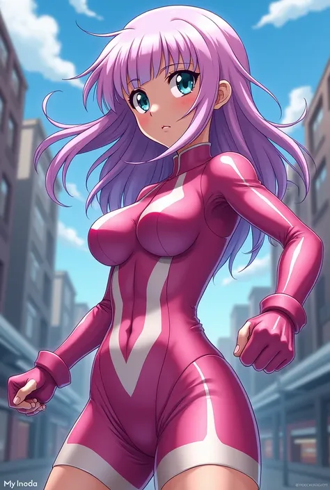 Create a female My Hero Academia character with long hair and short bangs. Short pink and light purple outfit. 