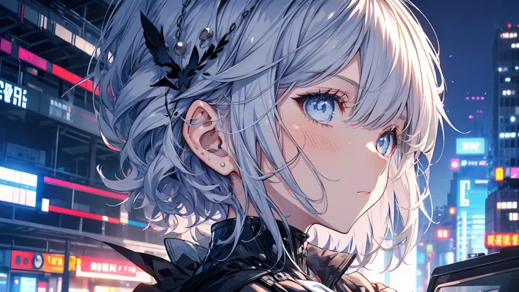 Girl with silver hair shortcut．The girl is living in a futuristic city.．The girl has cold blue eyes．There is a black cat by her side.．I definitely want to draw a black cat.．