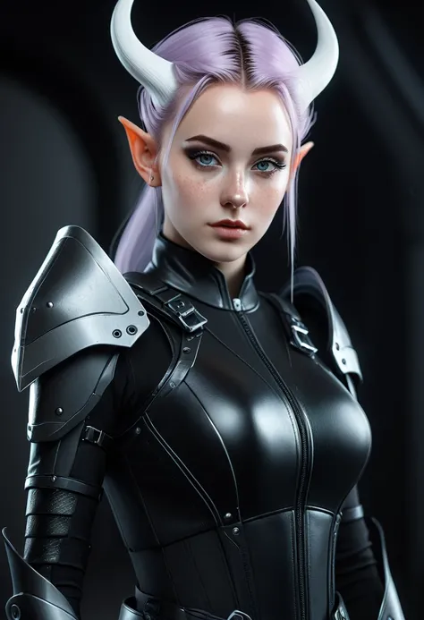 a close up of a female, pastel goth, big elf girl with freckles, light grey eyes, pointy ears, freckles, many freckles on face, white horns, unreal 5. rpg portrait, 8k portrait render, unreal engine 5, beautiful female elf, unreal engine character art, fem...