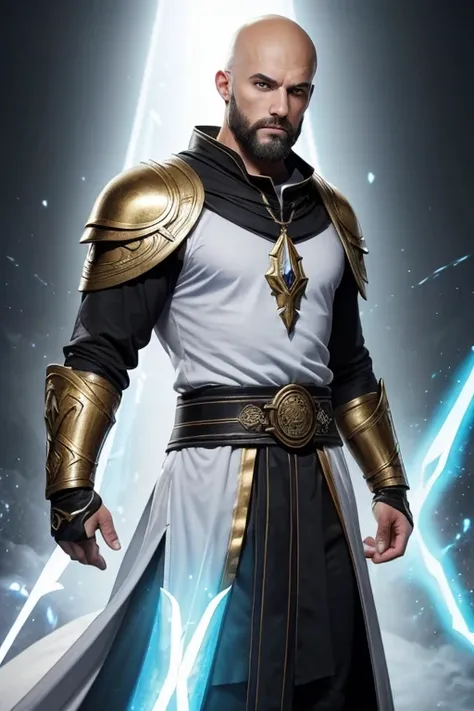 ((ultra quality)), ((tmasterpiece)), male battle mage, elemental master, (Bald), (has a short black beard), (serious manly face), (is looking at the camera, ((Skin color: white)), ((light blue eyes glow)), (Large physique), (Male figure), ((Subtle and beau...