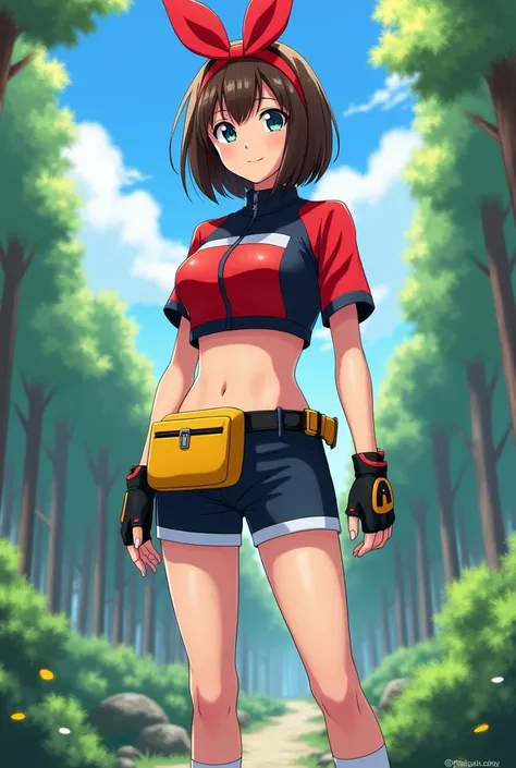 The image shows a realistic photo of a young female character standing confidently in a lush forest setting. She is wearing a red and black short-sleeved top with a zipper, which in the real-life version would expose her midriff by ending just above the wa...