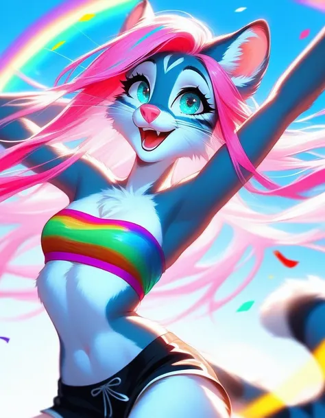 score_9,score_8_up,score_7_up, source_cartoon, source_furry, vixen, a cute Anthro furry vixen aqua girl, tall body, hourglass figure, teenage female, aqua eyes, :3, aqua&white fur, long pink hair, rainbow highlights in hair, white whiskers, pink nose, wear...