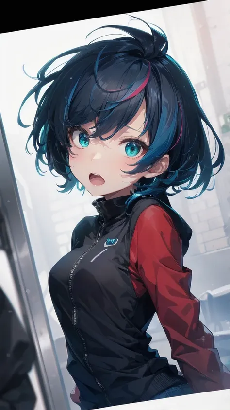 Close-up of a manga girl with blue hair and a yellow shirt, 2D Animation, 2D Animation style, 2D Art, 2D Art, 2D from Gorillaz, 2D from Gorillaz, 2D Gorillaz, Screaming Cerket, 2D Sprite, Jinx Face, short hair, Small breasts, hot pants, ((Black Hair, Inner...