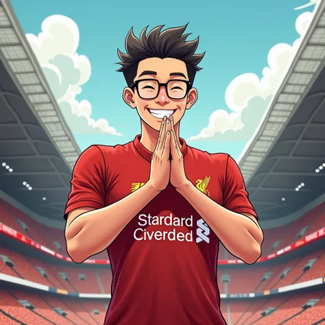 A man smiles in a manga style, bows like a Thai person and wears a Liverpool shirt, wears glasses, stands in a cartoon style. High quality dynamic photo, detailed and colorful. Realistic and colorful poses, the background is Andfield Stadium.