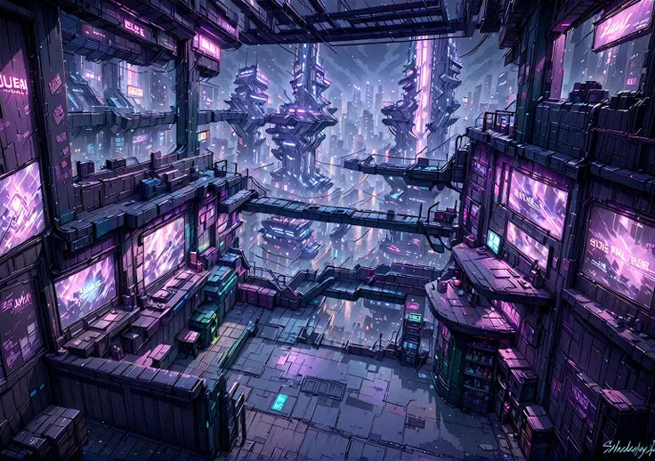 illustration, detailed illustration, ultra detailed, dive bar, cyberpunk, purple and green, dark interior, sci fi, night, (shado...