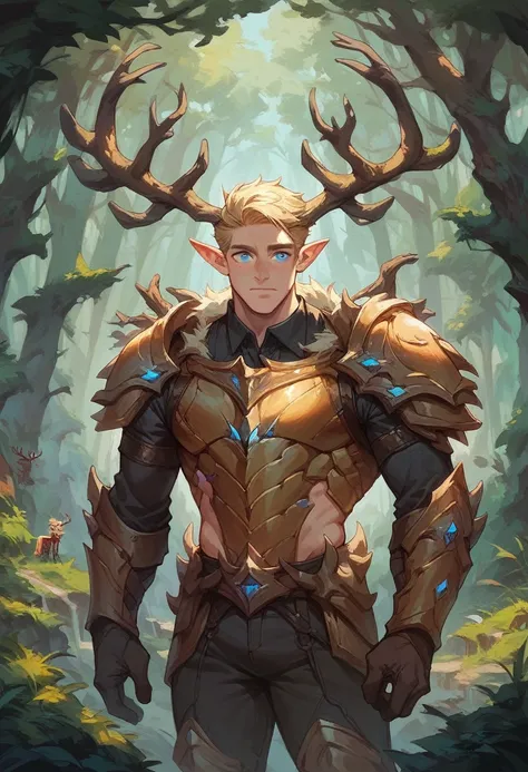 score_9, score_8_up, score_7_up, score_6_up, 1man, medium hair, blonde hair, blue eyes, elf ears, antler horns, black clothes, golden armor, pants, forest