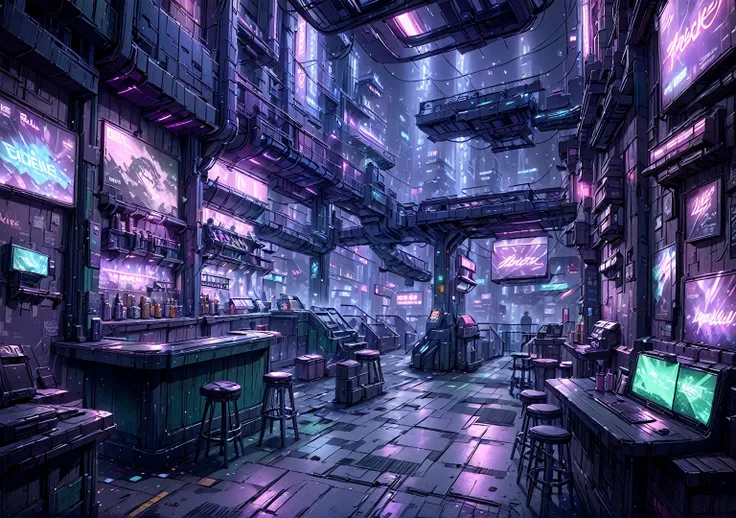 illustration, detailed illustration, ultra detailed, dive bar, cyberpunk, purple and green, dark interior, sci fi, night, (shado...