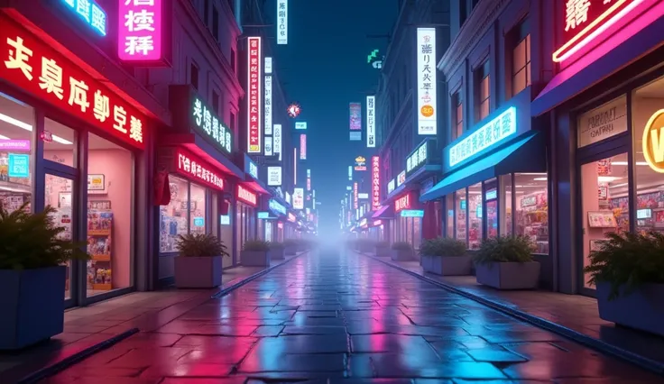 From left to right, the street and the neon lights of the shops are close-up animation wind without pedestrians  