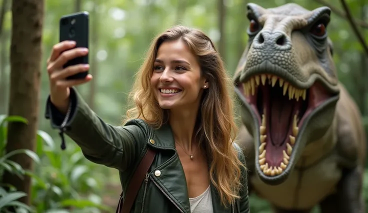 (((young french woman taking a selfie with her iphone-15))), 100.000 years ago, inside the jungle with dinosaurs,  High resolution,sharp focus,(ultra detailed,extremely detailed),(((vibrant colors,vibrant theme))),(Intricate),(masterpiece),(Best Quality), ...