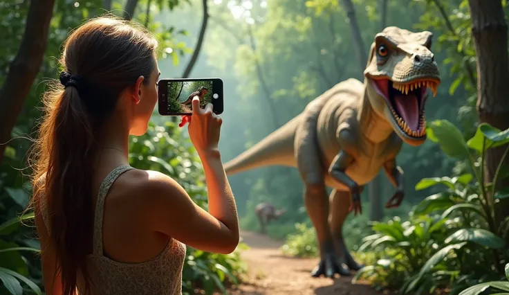 (((young french woman taking a selfie with her iphone-15))), 100.000 years ago, inside the jungle with dinosaurs,  High resolution,sharp focus,(ultra detailed,extremely detailed),(((vibrant colors,vibrant theme))),(Intricate),(masterpiece),(Best Quality), ...