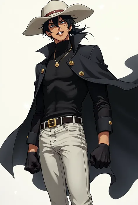 anime styling, black turtleneck long sleeve shirt, a white straw hat, White pants, black fists, a black coat like a cape, brown skin color, naughty man, pirate