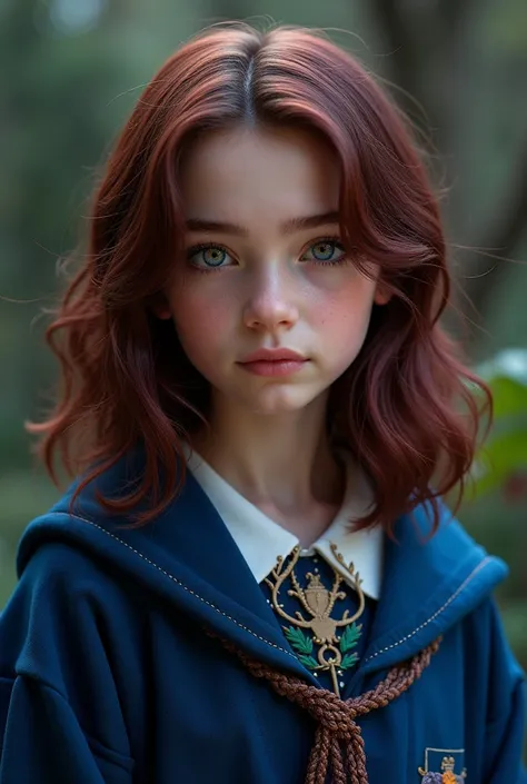 Create a character for a Harry Potter RPG that I participate in with the following characteristics: Hermione Granger inspired  girl with medium length dark magenta reddish brown hair; with eyes that vary between green, gray and light brown; fair skin and b...