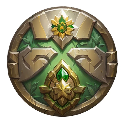 a close up of a green and gold emblem with a sunflower, fantasy shield, shield design, metallic shield, shield emblem, heartstone original art style, hearthstone concept art, in hearthstone art style, fantasy game spell symbol, legends of runeterra, scarab...