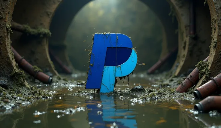 Dirty ans toxic PayPal logo in the middle of a dirty sewer