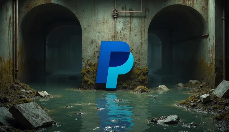 Dirty ans toxic PayPal logo in the middle of a dirty sewer