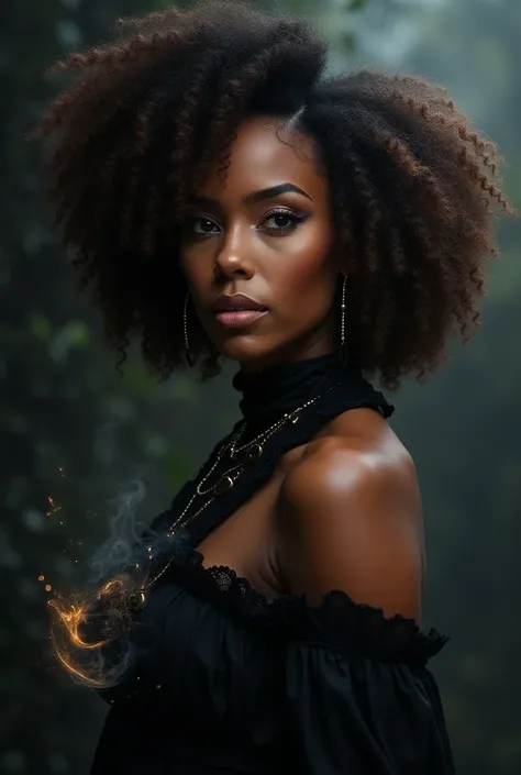 Woman with medium curly afro short hair , brunette and raven style , dark and beautiful magic powers