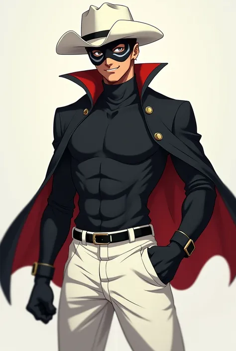 anime styling, black turtleneck long sleeve shirt, a white straw hat, White pants, black fists, a black coat like a cape, brown skin color, naughty man, pirate, with a black mask with white lines 