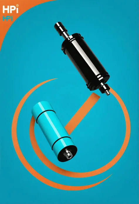 Hydraulic cylinder-shaped emoji with the text HPI inside a half orange and half cyan circle