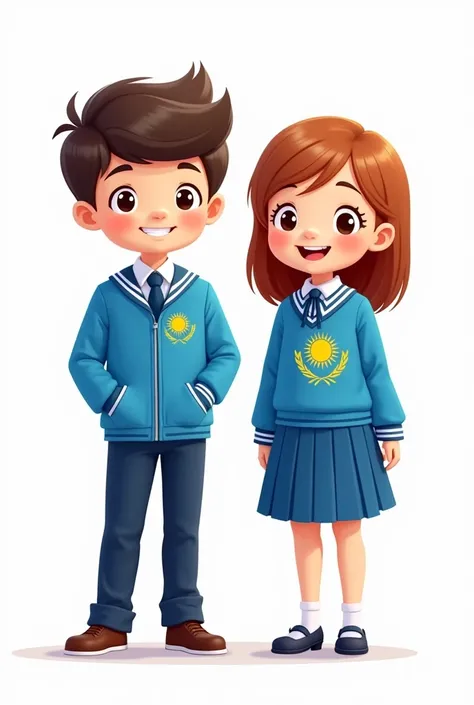 ((officially)) ((masterpiece)) ((Best quality)) ((detailed)) cartoon boy and girl in blue school uniform with the emblem of the flag of Kazakhstan on their clothes on a white background in full growth