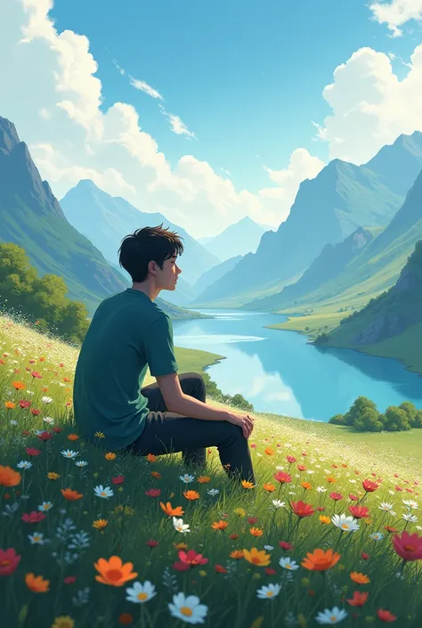 A young man sits quietly on a lush hillside, surrounded by a sea of wildflowers. The vast expanse of nature stretches out before him, with mist-covered mountains and a serene lake in the distance. The words One Mind, Too Many Thoughts... linger in the air,...