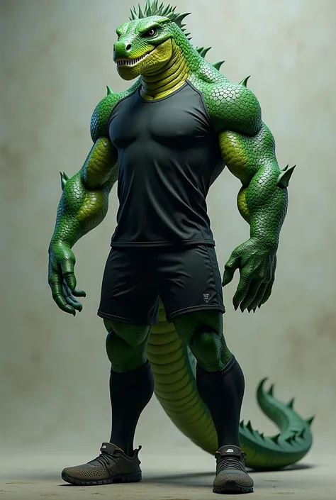 Hornless and wingless green dragon with muscular human body wearing black shirt and black soccer uniform