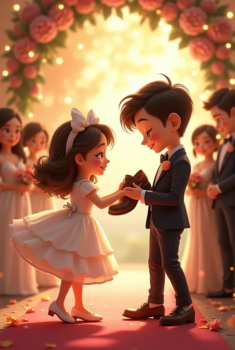 A beautiful girl and boy attending wedding 
As a guest the boy has a shoes and girl want to get that shoes from boy hand and boy is teasing to that girl and not giving shoes 