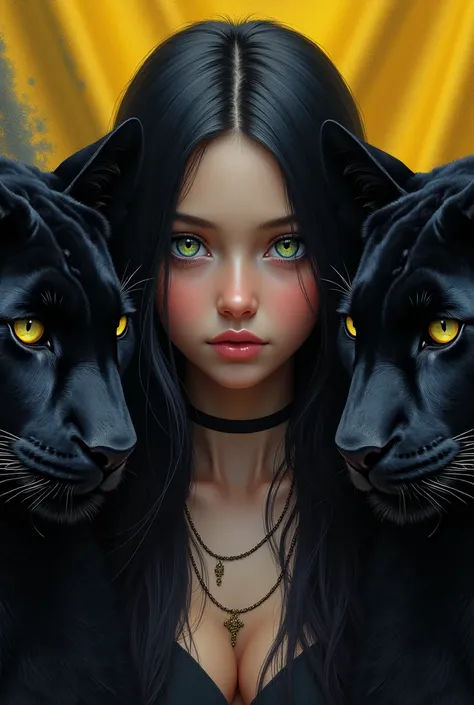 A girl with long straight black hair without bangs and thousand-colored eyes with black panthers on each side of the girl and the background of the image that is the flag of the country Colombia and that looks complete 