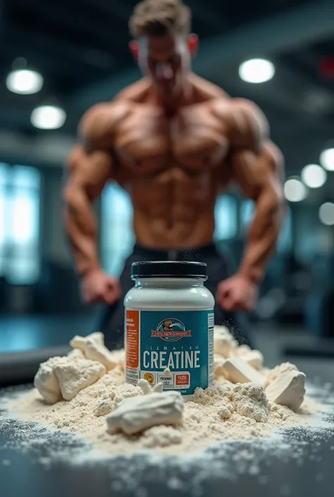 small creatine jar on top of bodybuilding equipment with white powder falling on it with a strong man behind in a gym with blurred image