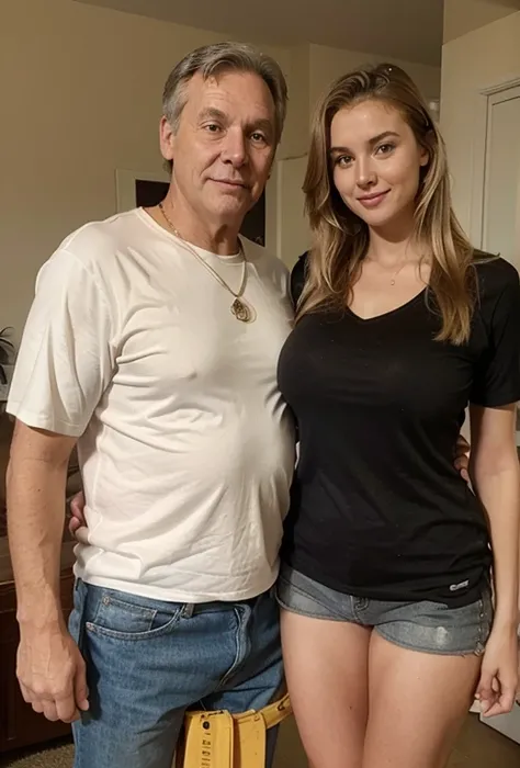 20 year old woman named Jessica is ntaking a picture with her dad, she is a tall blonde woman with big boobs. Her dad is a short man with shorts on and a pique