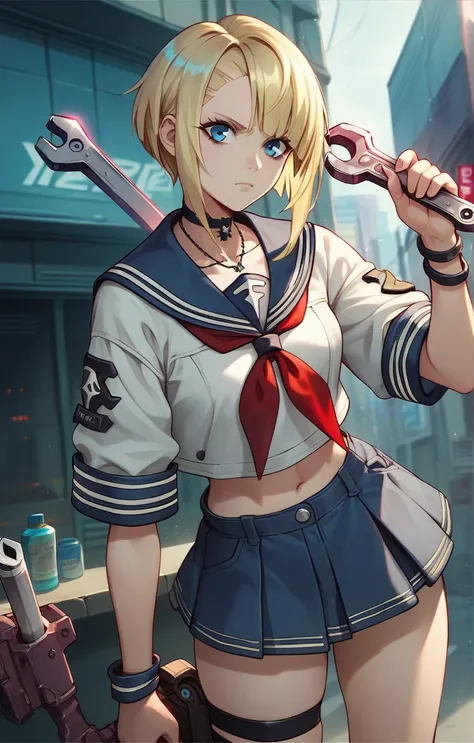 Lucy from Zenless Zone Zero, young girl with long blonde hair and blue eyes, wearing a white and blue sailor uniform with a red neckerchief, holding a large wrench, cyberpunk city background, official art style, detailed, high quality