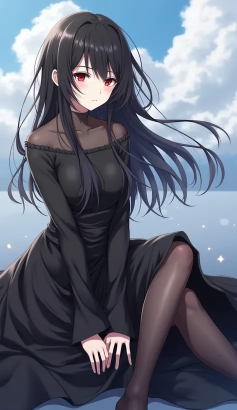 Soft lighting, detailed facial features, black dress, details, anime style, girl, long black hair, red eyes.