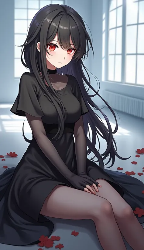 Soft lighting, detailed facial features, black dress, details, anime style, girl, long black hair, red eyes.