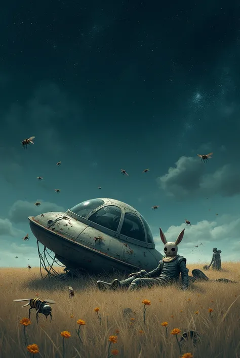 one with a rabbit mask lying on a UFO that just crashed in an open field, the UFO sank into the field ground, It&#39;s full of bees and stars in the sky. make the art pretty but still kind of scary