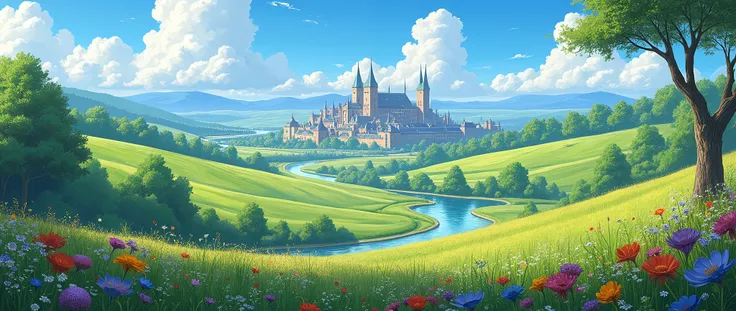 Highly detailed anime style stills, studio ghibli style,4k,landscape a beautiful rural landscape with vibrant flowers, lush meadows, Rolling Hills, winding currents, picturesque town, impressive cloudy sky, natural lighting, cinematographic composition, im...