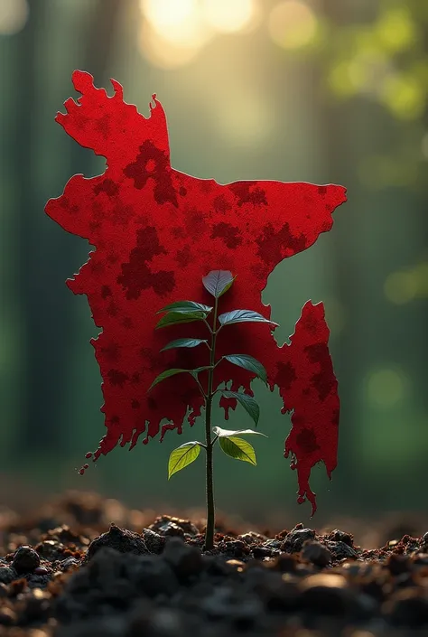 From the right side, the bloody map of Bangladesh is covered with blood on a tree sapling, and on the left, sunlight is falling on the sapling.