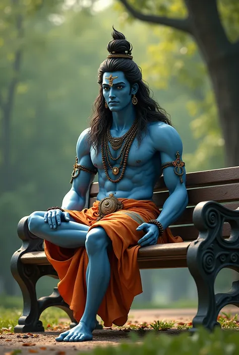 (photorealism:1.2), lord shiva sitting on a park bench like a don by one leg on other