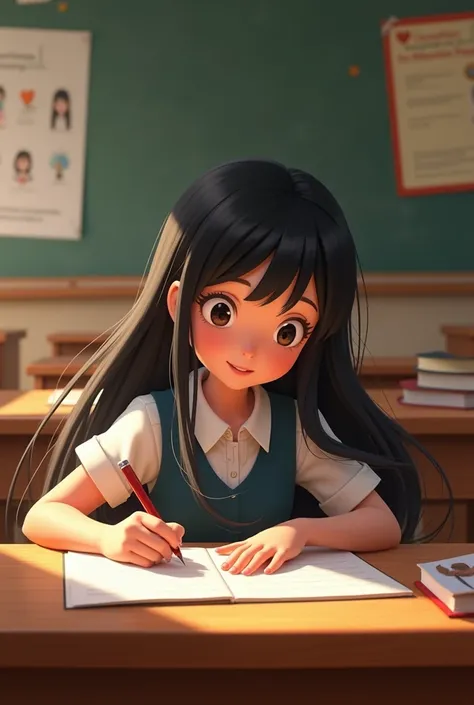 Generates a Disney Pixar type image of a white girl with long black hair studying at school in a uniform 