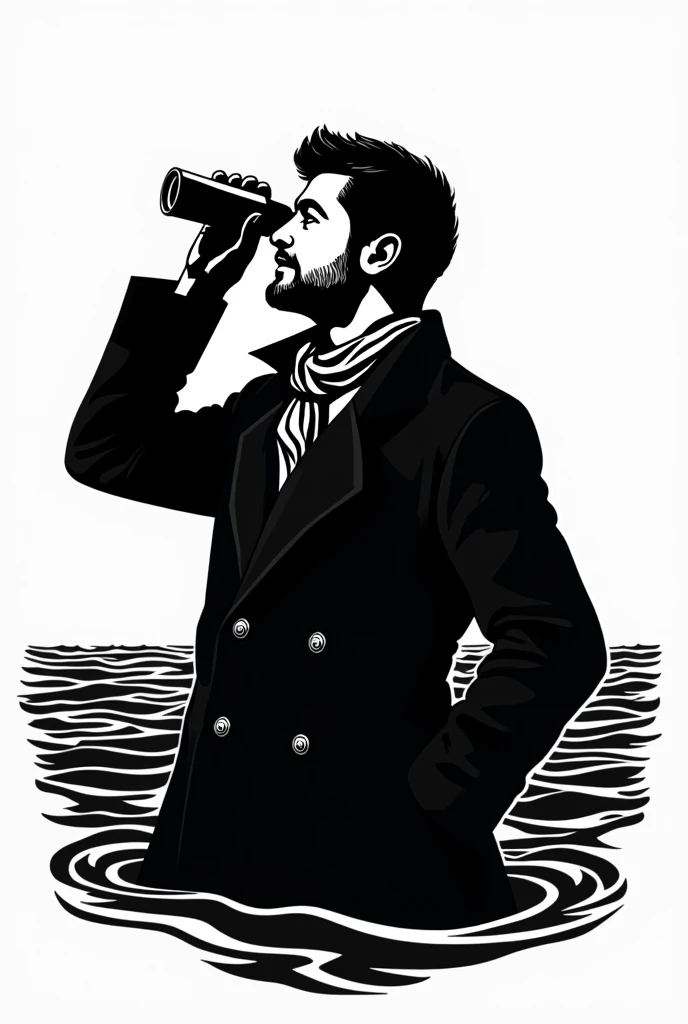 black logo of man dressed as puppeteer with kerchief full body half side with vinoculars looking towards the sea