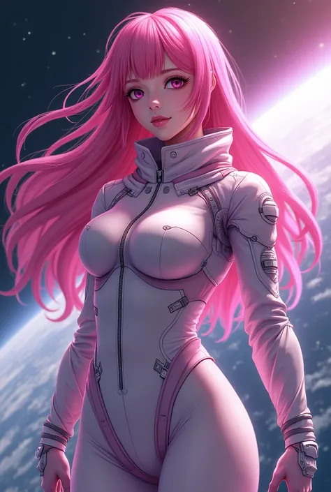 Gorgeous and big-breasted anime girl with pink skin and pink hair in a space suit