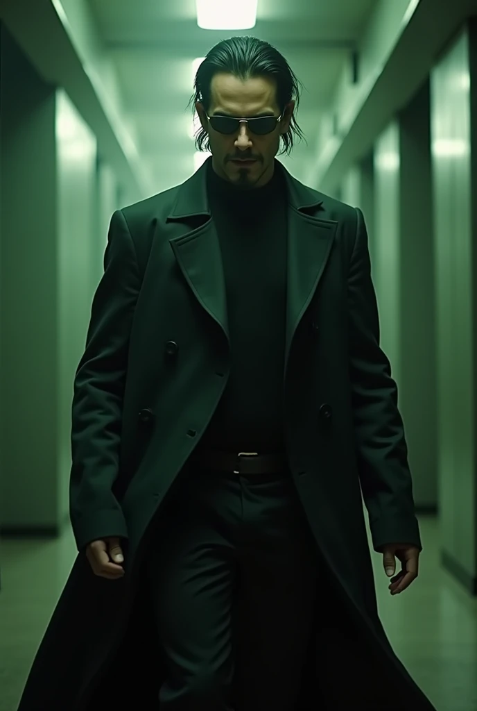 "Create a full-length cinematic HDR still shot of Keanu Reeves as Neo, engaged in an intense battle against Agent Smith, from the 1999 Matrix film. This shot should capture the iconic showdown between these two characters.

Keanu Reeves, portraying Neo, sh...