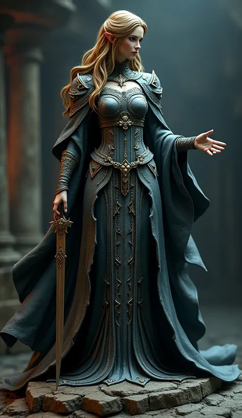 Princess Zelda, 3D sculpture, full body, action pose, DarkSouls type, front and back