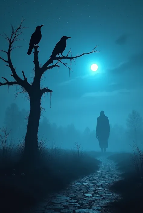 Two crows on a dead tree, A shadow shaped like a walker, Starry night, Thick fog on the ground, Blue light on the horizon, Unreal Engine 5, Cinematic, low angle photography, Motion blur, Depth of field, Dust, Cobblestones and dirt. Splash Art, dripping pai...