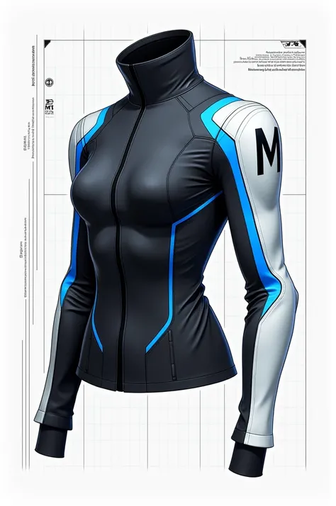 Create a futuristic jacket illustration in a technical, blueprint-like style. The jacket should feature a high, structured collar and a color scheme dominated by black, with blue and white accents. Make the right sleeve solid white with blue line details, ...