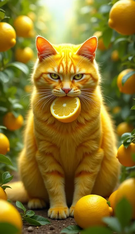 A large cat  whose whole body is like lemon is sitting in lemon garden and eating lemon