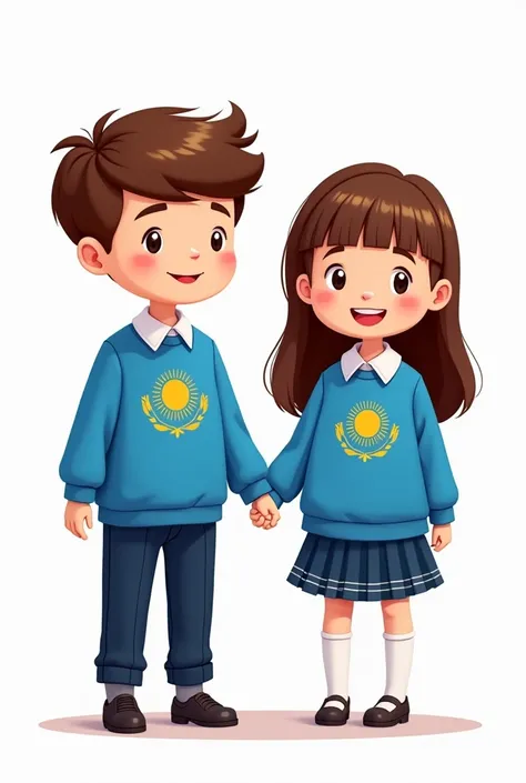 ((officially)) ((masterpiece)) ((Best quality)) ((detailed)) cartoon boy and girl in blue school uniform with the emblem of the flag of Kazakhstan on their clothes on a white background in full growth