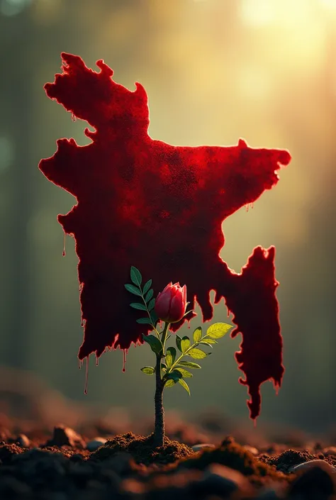 From the right side, the bloody map of Bangladesh is covered with blood on a tree sapling, and on the left, sunlight is falling on the sapling.