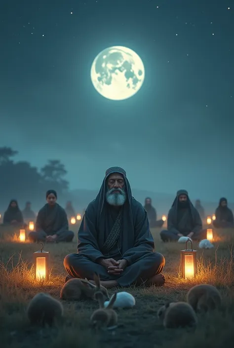 picture of an old Muslim ninja and his 10 students meditating in a large field to teach his students serenity and in the field it is lit by the moon, stars and lanterns beside them and around them there are also several animals who are sleeping