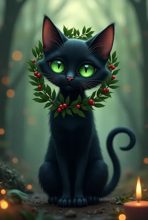 Black cat with green eyes and a holly wreath behind its ear 