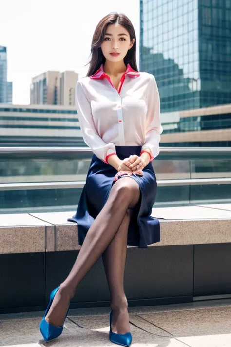 (colorful collared shirts)、(midi skirt:1.2) 、full body portrait、(silk pantyhose)、sitting、both legs and high heels look beautiful...