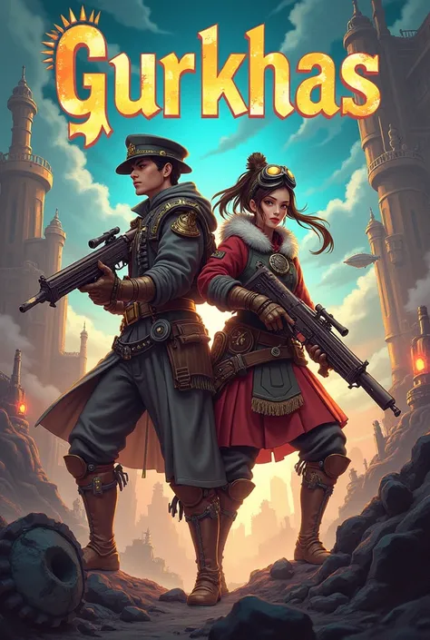  cover with the word Gurkhas, with a couple with anime style weapons, Steampunk fantasy clothing based on video games 